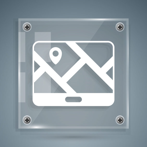 白色信息图的城市地图导航图标孤立在灰色背景。手机应用界面概念设计。Geolacation概念。方形玻璃面板。向量图片下载