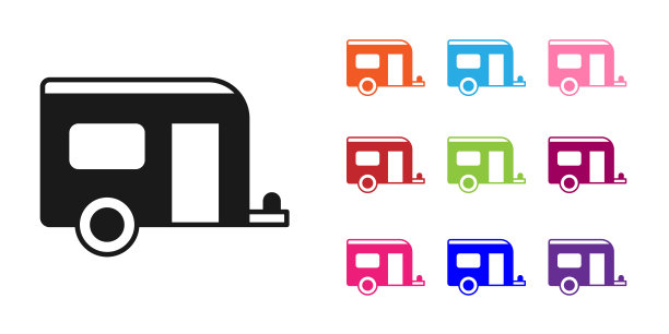 黑色房车露营拖车图标孤立的白色背景。旅行房车，旅行房车，旅行房车。设置图标丰富多彩。向量图片下载