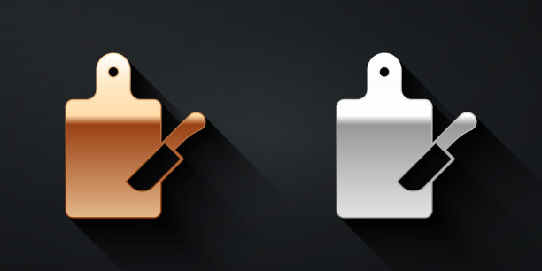 金和银切板和刀的图标孤立在黑色的背景。切菜板的象征。餐具的象征。长长的阴影风格。向量图片下载