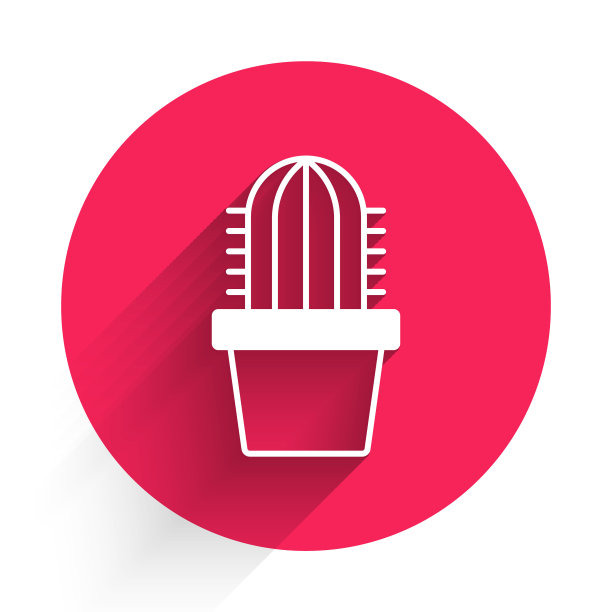 白色仙人掌仙人掌仙人掌在盆图标孤立与长影子。盆栽植物。盆栽植物标志。红色圆圈按钮。向量图片下载