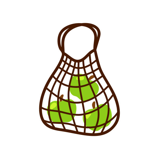 有绿苹果的网袋。手绘环保购物卡通插图图片下载
