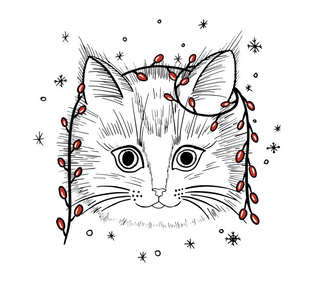 手绘的小猫与花环肖像。矢量插图孤立在白色上图片下载