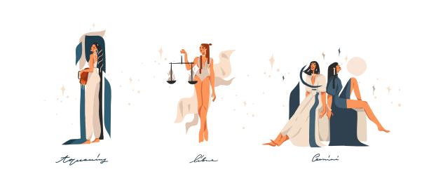 手绘矢量股票抽象图形插图与黄道十二宫占星当代空气符号集合集，美丽神奇的女性角色，剪纸波西米亚设计孤立在白色的背景图片下载