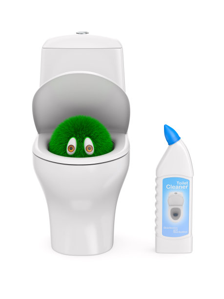 白色背景上的马桶和瓶子清洁剂中有微生物。孤立的3 d演示图片下载