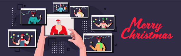 手用平板电脑戴面具与圣诞老人讨论图片下载