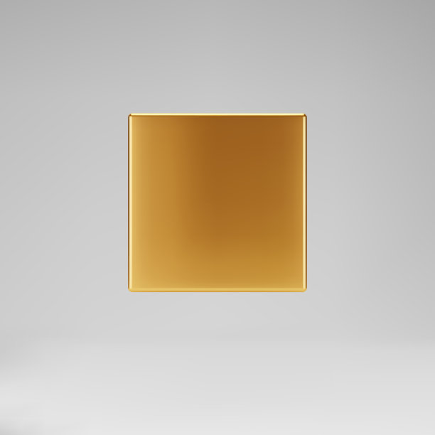 3d金金属立方体正面视图孤立在灰色背景。用光照和阴影渲染一个旋转的金色3d盒子模型。真实感矢量几何形状图片下载