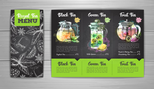 粉笔画艺术餐厅皇家茶菜单设计。茶壶装饰素描。复古风格图片下载