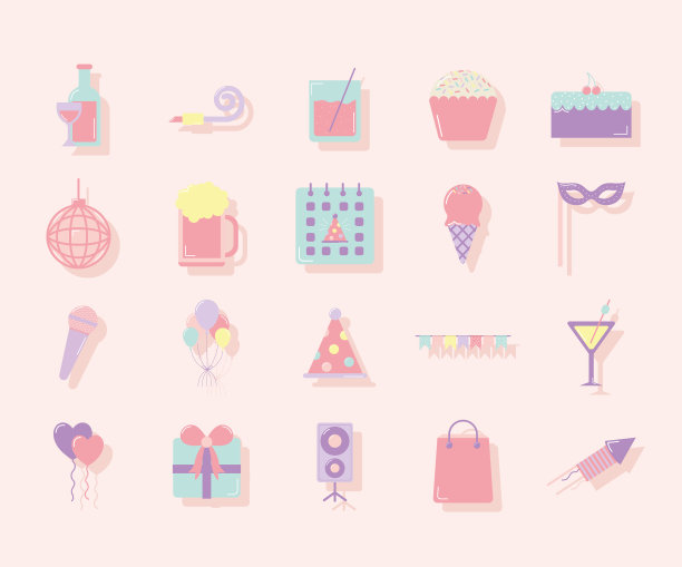 设置派对图标在柔和的颜色背景图片下载