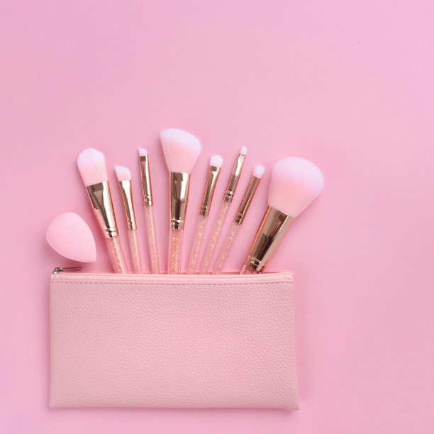 一套必不可少的专业化妆刷和化妆袋在粉红色的背景图片下载