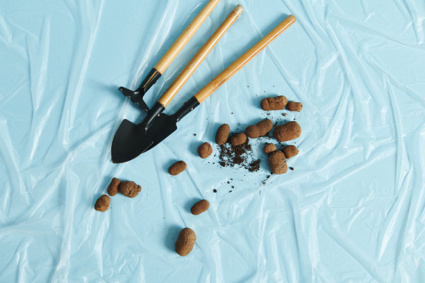 用一套带有分散土壤和膨胀粘土的园艺工具的平铺组合物图片下载