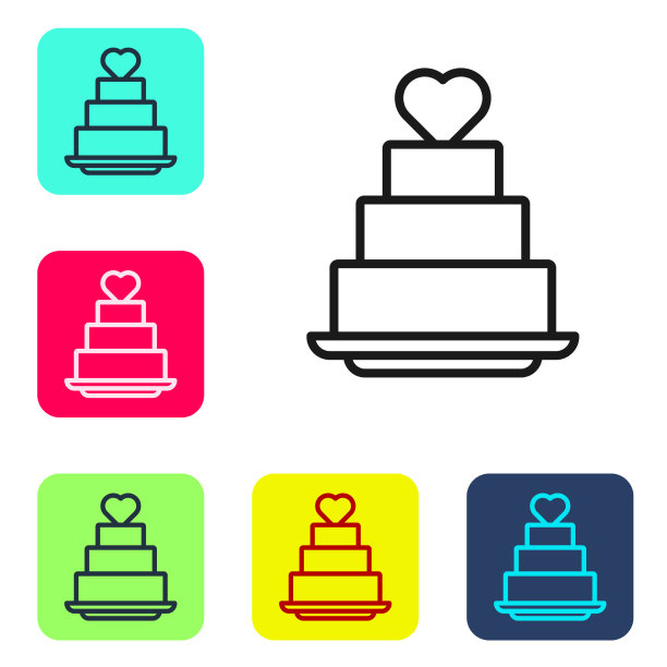 黑线婚礼蛋糕与心的图标隔离图片下载