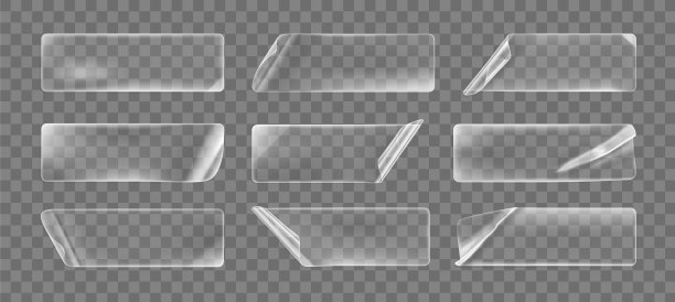 透明胶水皱巴巴的矩形贴纸与卷曲的角模拟设置。空白不干胶透明纸或塑料不干胶标签具有卷曲、起皱效果。三维逼真矢量图标图片下载