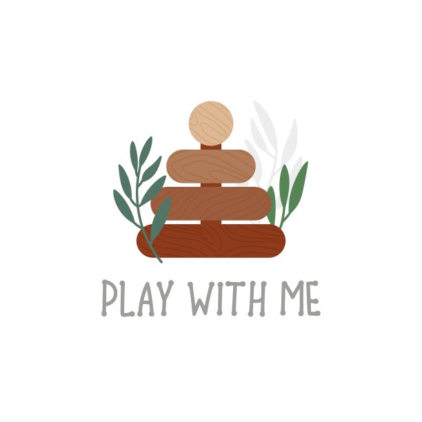 生态木制玩具金字塔与桉树叶，可爱的孩子卡片，海报，传单。中性色插图孤立在白色。向量图片下载