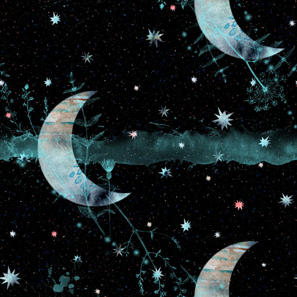 无缝水彩创意模式与新月和多色的星星，云彩和花在一个黑暗的背景与多色粒子。一个多功能的装饰。素材图片