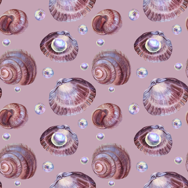 无缝模式水彩棕色螺旋海贝壳与珠子珍珠在粉红色的背景。手绘自然写实的庆祝对象，文具，卡片，墙纸，纺织品，包装图片下载