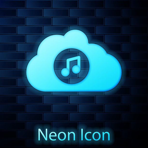 霓虹灯音乐流媒体服务图标孤立在砖墙背景。声音云计算，在线流媒体，歌曲，音频波。向量图片下载