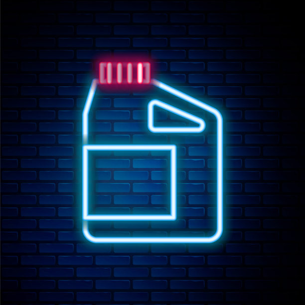 发光的霓虹灯线筒，用于电机机油图标隔离在砖墙背景上。油价每加仑。换油服务和维修。机油的迹象。色彩斑斓的轮廓的概念。向量图片下载