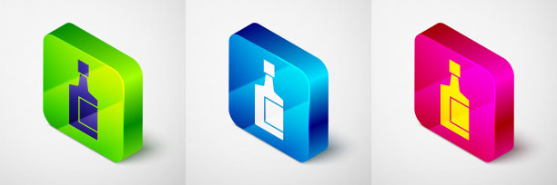 等距龙舌兰瓶图标孤立在灰色背景。墨西哥的含酒精的饮料。方形按钮。向量图片下载