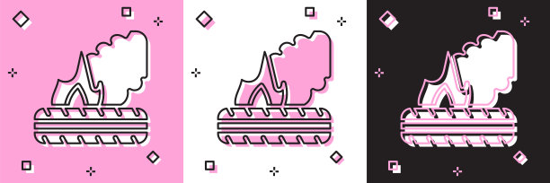 设置躺燃烧轮胎图标隔离在粉红色和白色，黑色的背景。向量图片下载