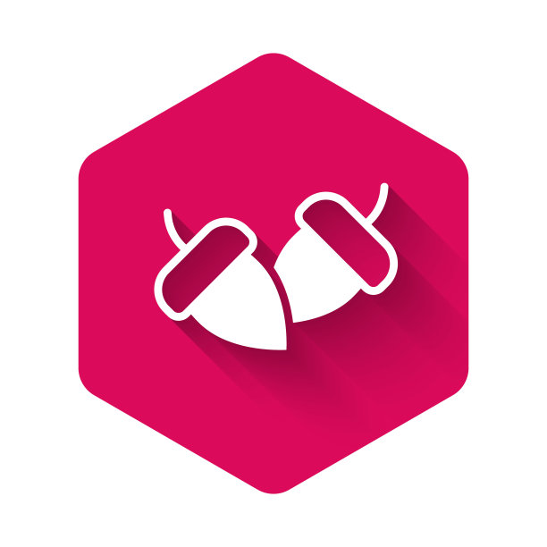 白色橡子图标孤立与长影子。粉红色的六角按钮。向量图片下载