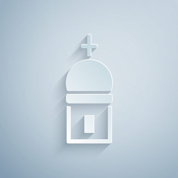 剪纸基督教教堂塔图标孤立在灰色背景。宗教的教堂。纸艺术风格。向量图片下载