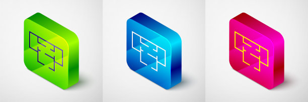 等距房屋平面图图标孤立在灰色背景上。方形按钮。向量图片下载