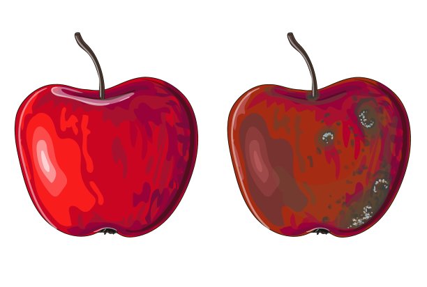 卡通风格的两个苹果。一个苹果又红又漂亮，另一个是烂的。图片下载