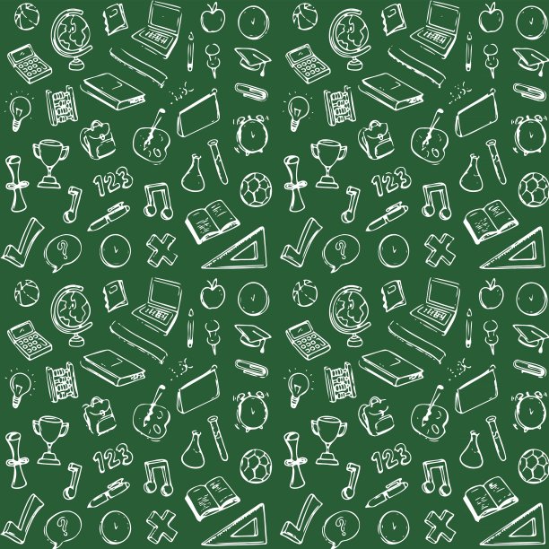 在绿色黑板上画上多种学校物品的插图图片下载
