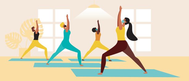 在瑜伽课上隔离瑜伽，平面矢量股票插图与一群戴口罩的人以保护自己免受冠状病毒感染图片下载