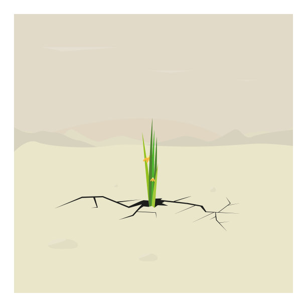 大自然的力量和力量。地上的裂缝和嫩芽。绿色的草，植物，花生长在干燥的沙漠土壤中。一片绿洲的碎片。热带景观环境。向量图片下载