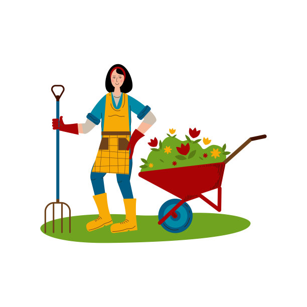 一个小女孩拿着干草叉站在一辆手推车旁边，车上种着花苗。爱好是园艺。图片下载