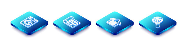 设置等距线洗衣机，房屋平面图，车库和搜索房屋图标。向量图片下载