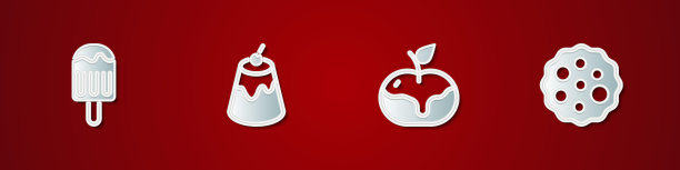 设置冰淇淋，布丁蛋奶沙司，苹果焦糖和饼干或饼干图标。向量图片下载