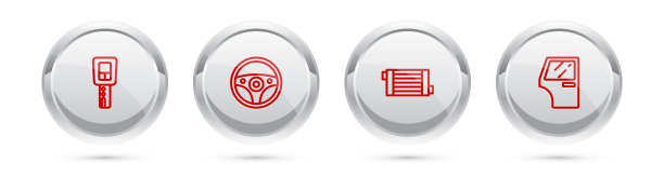 汽车钥匙与遥控器，方向盘，散热器冷却系统和车门。银圈按钮。向量图片下载