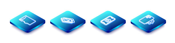 设置等距线Micro - SD存储卡，手机破碎屏幕，智能家居和手机维修服务图标。向量图片下载