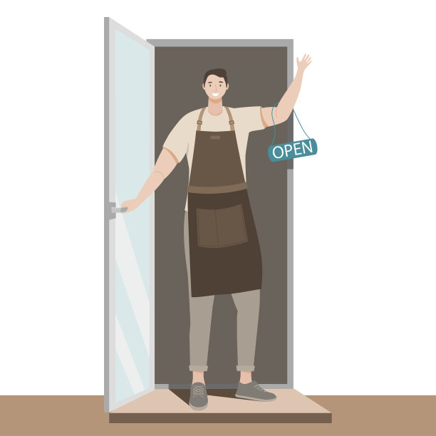 新冠肺炎疫情后，我们正在重新开展工作。欢迎在疫情后回来。小生意。一个人开了一家咖啡馆，商店，商店，餐厅，面包店。重新开张。可爱的平面矢量插图。咖啡师。隔离结束。图片下载
