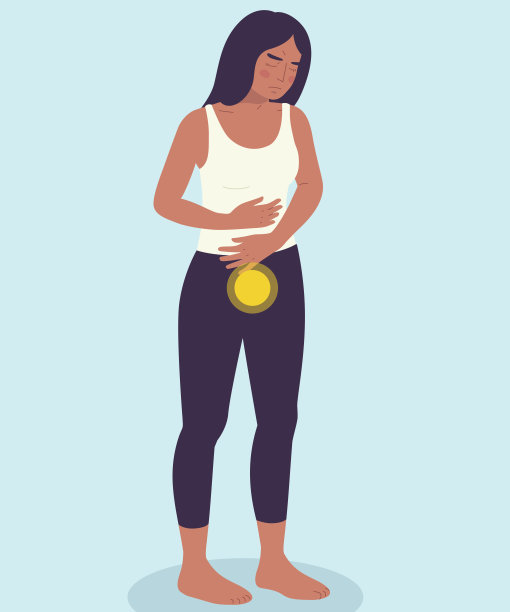 女性在运动、经期或其他活动期间表现出胃痛或腹痛的一个点。医学、制药、理疗矢量插图概念。全身，蓝色背景。图片下载