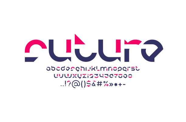 技术圆角字体，现代原始字母表，时髦的字母从A到Z和数字从0到9，矢量插图10EPS图片下载
