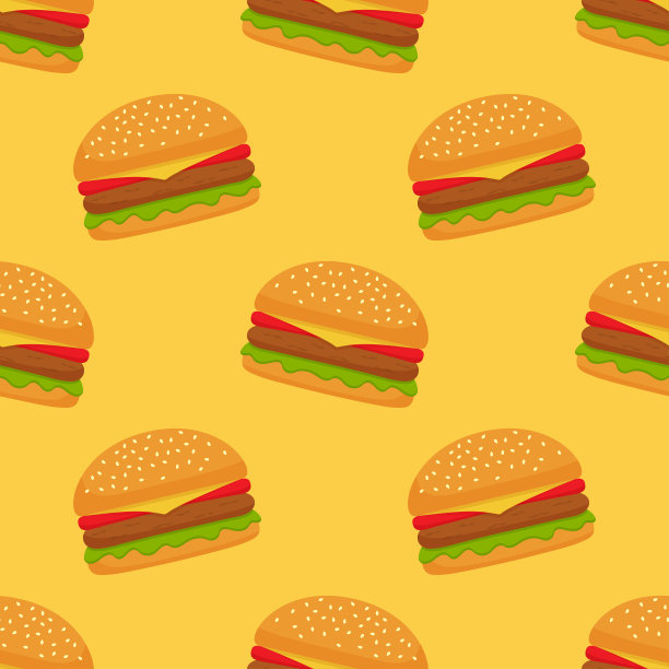 无缝模式与汉堡在黄色的背景。向量符号快餐图片下载