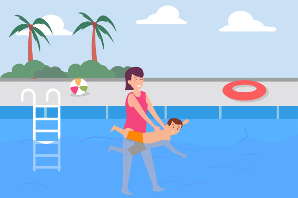 一位年轻的母亲在游泳池里教儿子游泳图片下载
