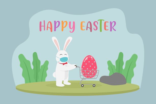 兔子推着购物车上的复活节彩蛋图片下载