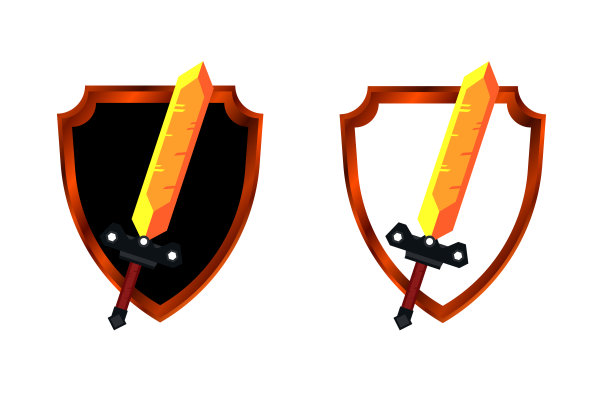 盾牌配剑，卡通色彩风格。游戏界面的设计。图片下载