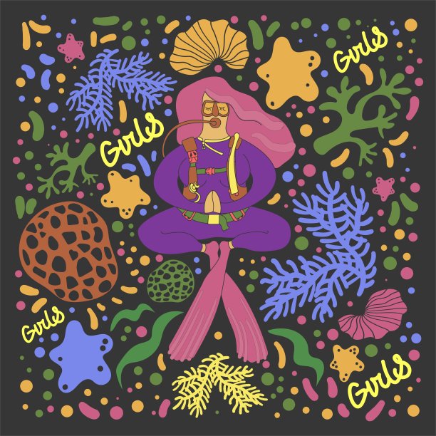 女孩在水下冥想。矢量插图。女孩在潜水。潜水的时候。水下，失重，美丽，女人，生活方式，放松，飞行，游泳，深，探索。图片下载