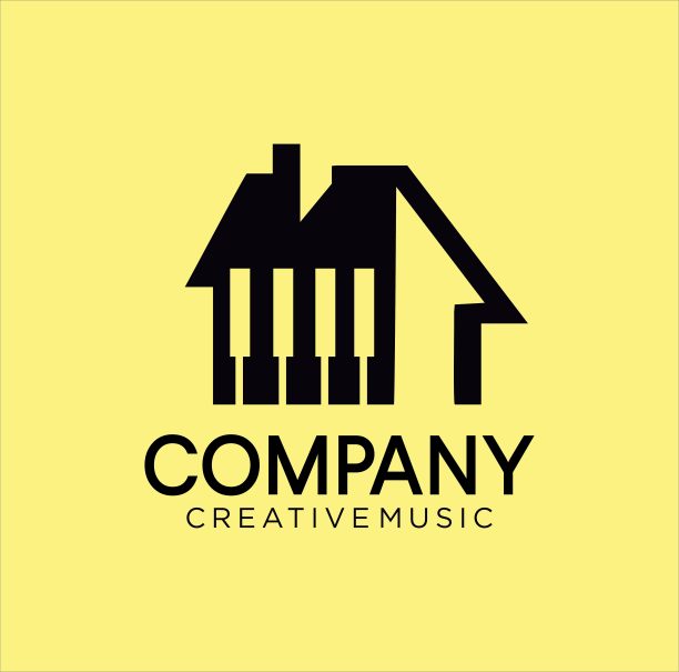 Studio Piano House Icon设计矢量股票。钢琴家图标设计复古嬉皮士剪影插图，钢琴工作室音乐模板图片下载