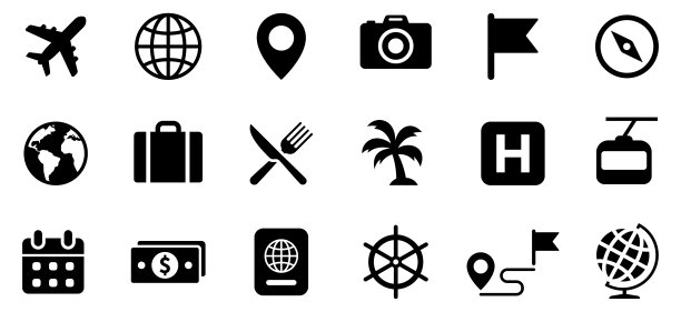 旅游的图标集。旅游简单图标收藏。向量图片下载