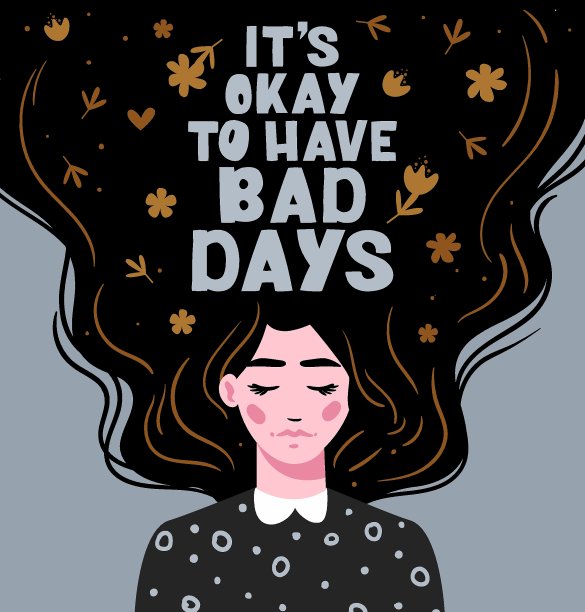 有不顺的日子也没关系。矢量字体。带着文字的长发女孩。手拉长发的漂亮女孩。现代向量插图。模板贺卡，问候，传单，横幅图片下载