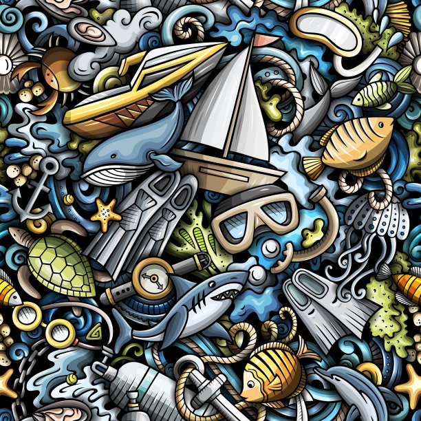 卡通涂鸦潜水无缝图案。图片下载