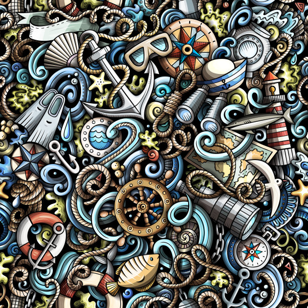 卡通涂鸦航海无缝图案。图片下载