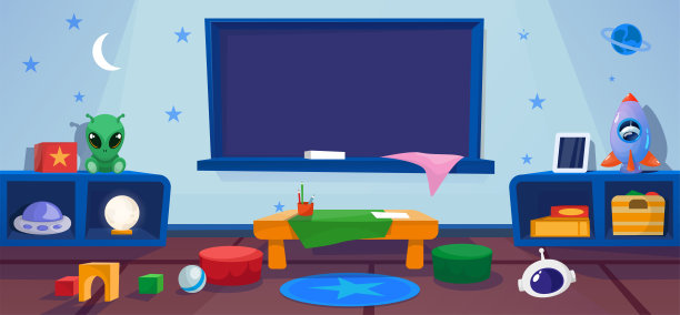 幼儿园。飞碟,外星人。班级与桌子和学校董事会。室内有游戏、玩具。向量内部。图片下载