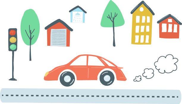 交通和房子。交通场景，红色汽车开着路扔房子和树。矢量插图涂鸦卡通风格。图片下载